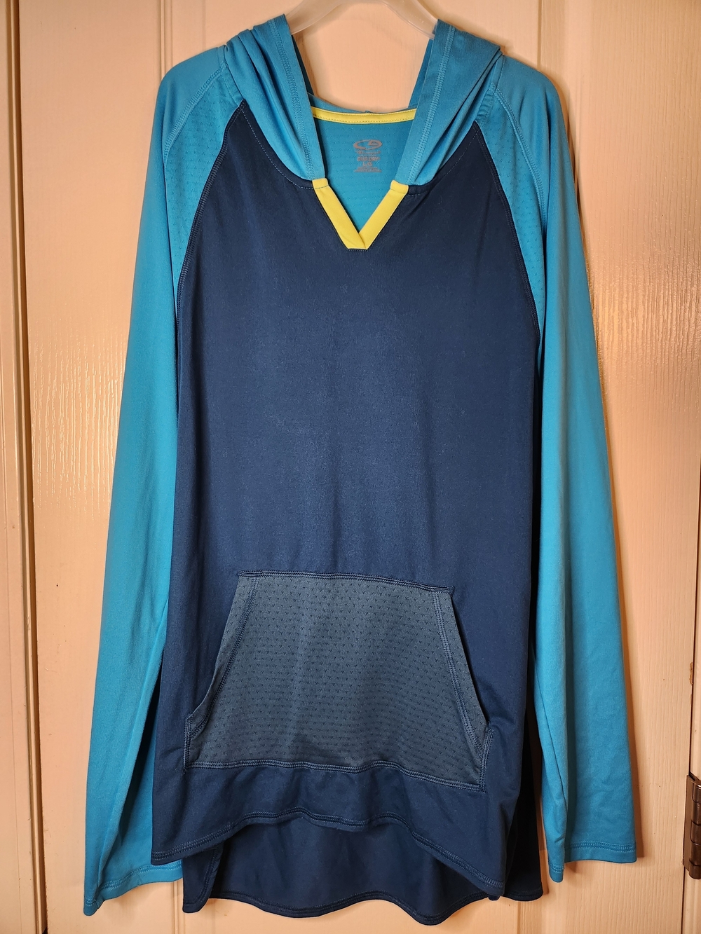 Champion Men's V-Neck Hooded Pullover - Navy & Turquoise with Yellow Trim